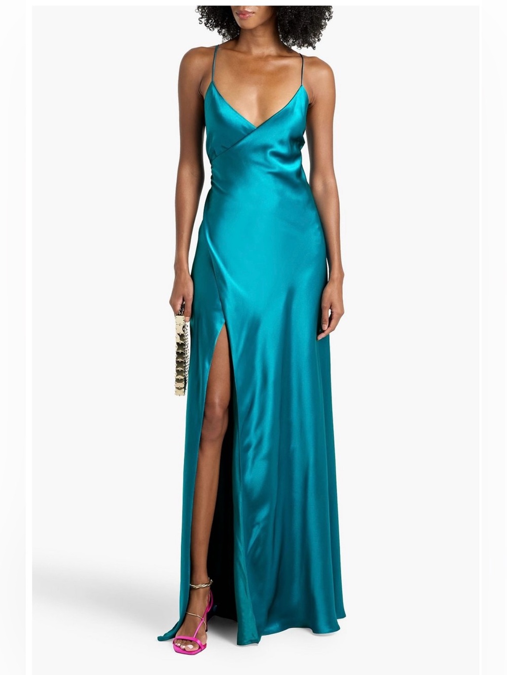 Michelle Mason Teal Blue Satin Wrap Gown 2 NWOT